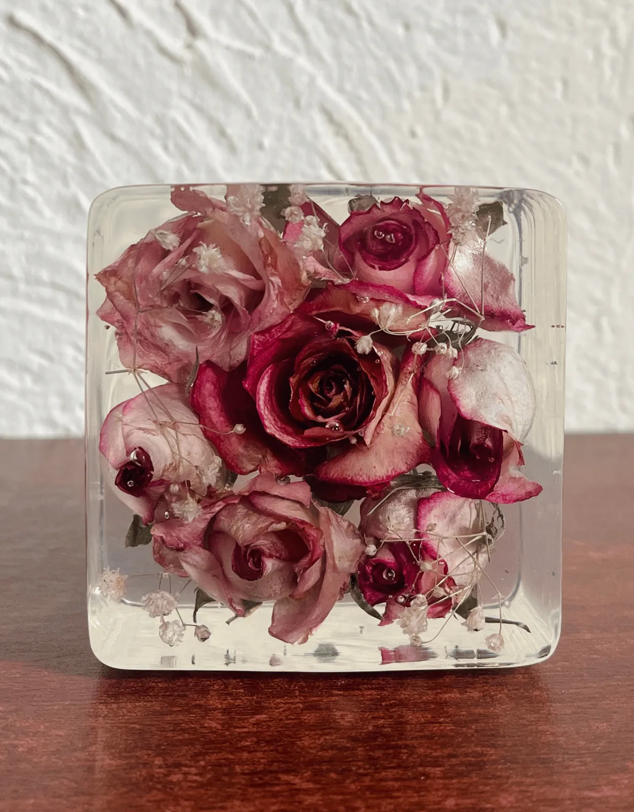 Rosas naturales encapsuladas en un bloque de resina cristal